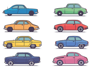 Vintage cars collection colorful side view. Set classic automobiles blue, green, orange, red, yellow, pink isolated white background. Retro vehicles illustration colorful flat design