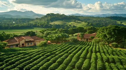 Aerial view of a large brazilian farm with coffee plantation Coffee plantation in Brazil : Generative AI