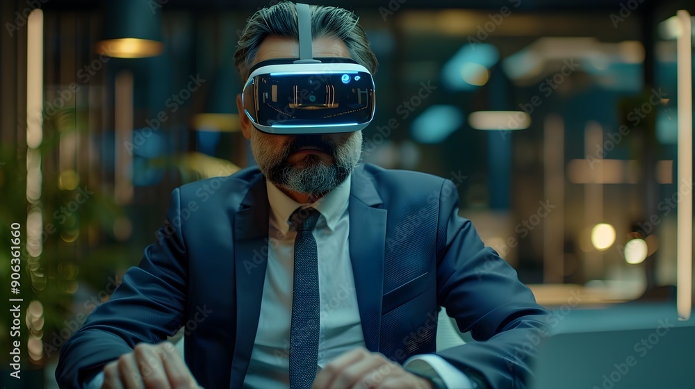 Poster insurance agent using virtual reality to explain policies to clients futuristic innovative approach