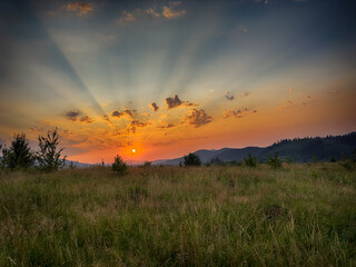 Wonderful landscape view on the Carpathian Mountains during the sunset in the summer season 