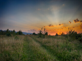 Wonderful landscape view on the Carpathian Mountains during the sunset in the summer season 