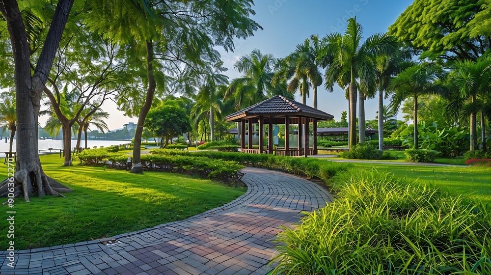 Poster panorama public park with clipping path : generative ai