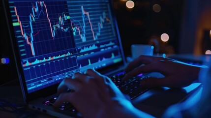 Hands working on financial graphs on laptop at night.