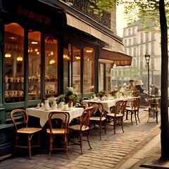 Obraz premium vintage cafe in the europe, restaurant, table, cafe, chair, interior, furniture, chairs, street, dinner, bar, food, tables