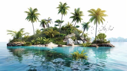 Tropical Island with Palm Trees and Birds.
