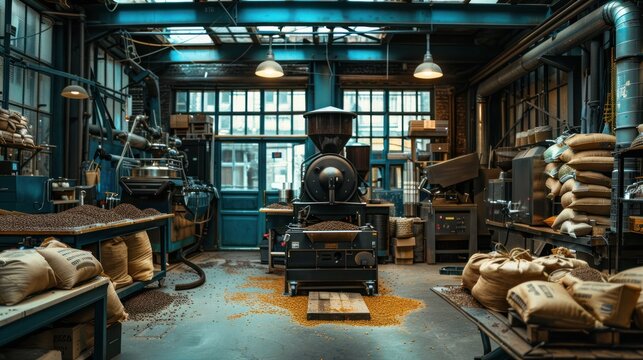The interior of a coffee roastery, with machines, bags of beans, and the roaster at work, illustrating the industrial atmosphere