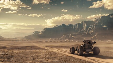 Fototapeta premium Lunar rover crossing a plain, heading towards distant mountains.
