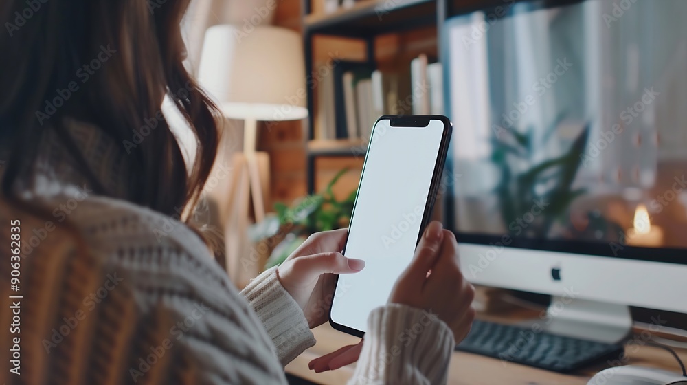 Poster Mockup image of a woman holding and using mobile phone with blank desktop white screen at home : Generative AI