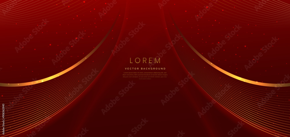 Poster luxury golden curve lines on red background with lighting effect and copy space for text.