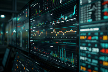 Naklejka premium A sophisticated stock market dashboard brimming with financial data, colorful charts, and graphs, highlighting various market indices and trading activities in real-time.