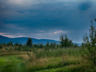 Wonderful landscape view on the Carpathian Mountains during the sunset in the summer season 