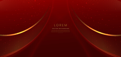 Luxury golden curve lines on red background with lighting effect and copy space for text. © Pramote