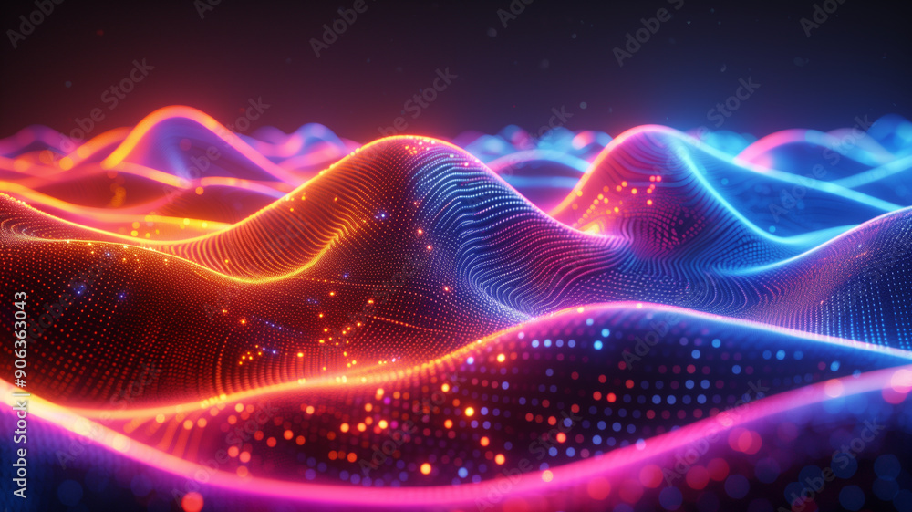 Wall mural abstract background with neon waves and dots on abstract light background