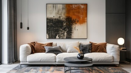 Modern lounge area with a stylish sofa, coffee table, and abstract art. Ample space for text overlay.