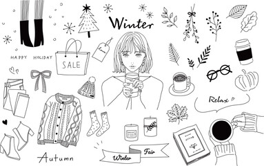 手描きの冬のイラストとコーヒーを飲む女の子