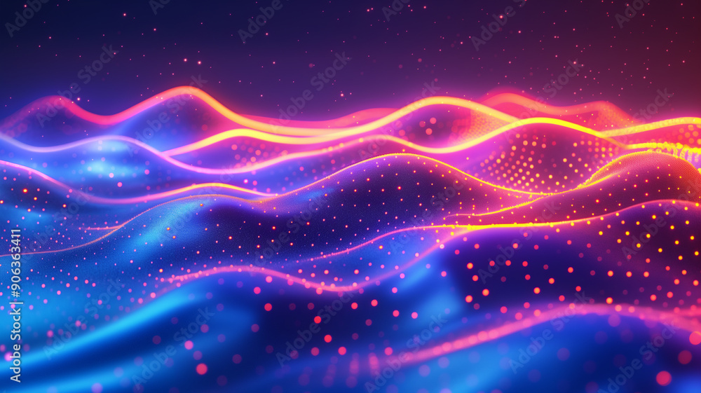 Wall mural abstract background with neon waves and dots on abstract light background