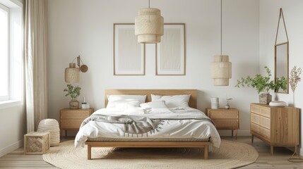 Scandinavian-style bedroom with a simple bed, light wood furniture, and soft decor. Room for text on the side.
