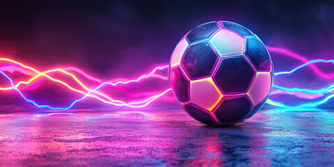 Naklejka premium Soccer ball glowing on dark background with neon lights