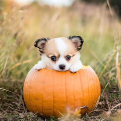 Small Cute Puppy in a Pumpkin | Generative AI