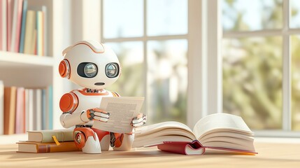 A cute robot reading in a cozy library with natural light, surrounded by books, blending technology with education.