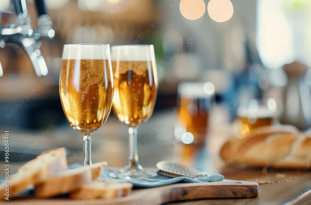 Poster two glasses of beer with fresh bread on a rustic table in a warm bar setting