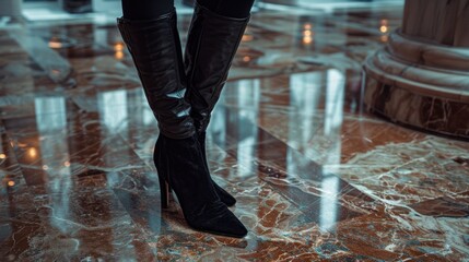 Elegant over-the-knee boots in black suede, displayed on a modern marble floor for a sophisticated appearance