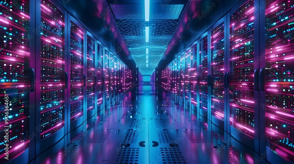 Poster high tech data center with blinking servers and holographic displays in cyber background