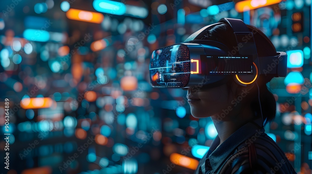 Poster futuristic virtual reality interface with floating icons and interactive elements in vibrant cyber b