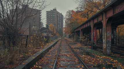 Fototapeta premium Surreal abandoned New York City, featuring empty streets and silent skyscrapers, with a haunting atmosphere and an eerie stillness, highlighting the stark contrast