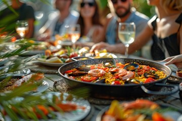 Group of people gathered outdoors, enjoying a traditional serving of paella