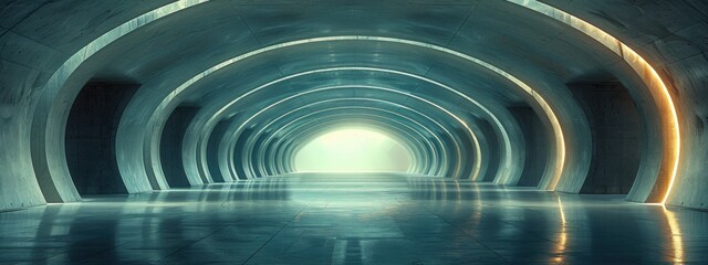 Obraz premium A futuristic light tunnel in a dark urban corridor with glass and steel architecture