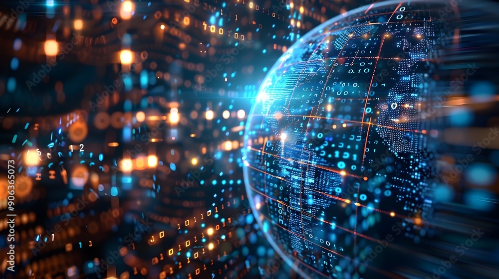 Poster holographic globe surrounded by digital data streams and code representing global connectivity