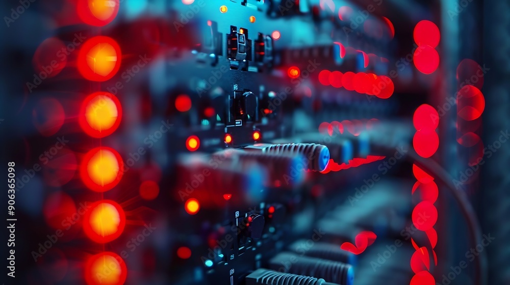 Poster blur technology data center room defocus fiber optic cable and network router switch in data center room for background and wallpaper : Generative AI