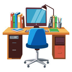 Fototapeta premium an office desk with computer, blue chair and books on it illustration white background