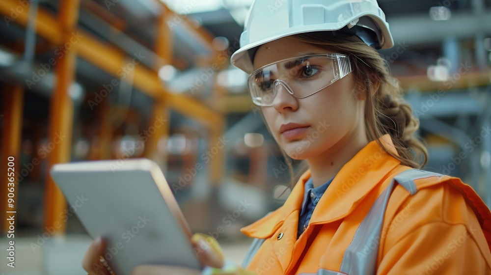 Poster female engineer with digital tablet at construction site factory foreman worker in hardhat at the pr