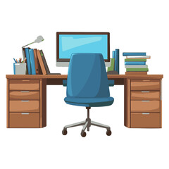 an office desk with computer, blue chair and books on it illustration white background