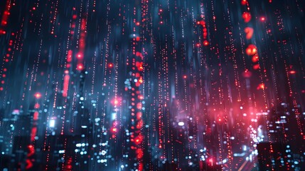 Mesmerizing Digital Rain of Binary Code Over Glowing City Skyline