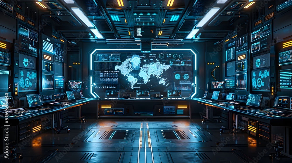 Poster futuristic command center with holographic screens and touch interfaces for high tech cyber