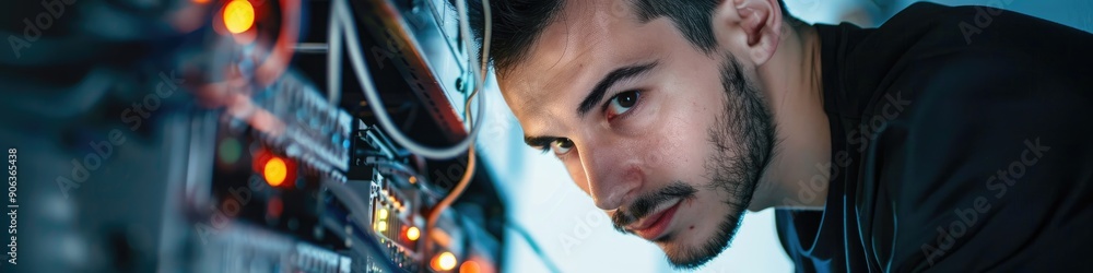 Poster young man looking into camera while working with internet equipment and wires in a server room