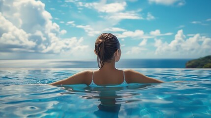 Happy woman in white swimsuit swimming in infinity pool at luxury hotel against ocean front young female enjoy in tropical resort Relaxing summer  travel holiday vacation and weekend c : Generative AI
