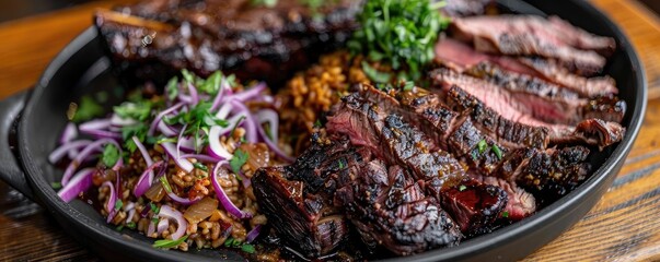 Fototapeta premium A beautifully arranged platter of grilled meats and vibrant sides, showcasing rich textures and mouthwatering flavors.