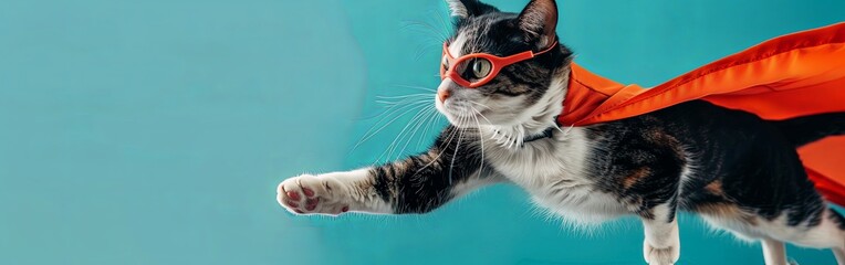 Dynamic Superhero Cat Flying With Cape Against Blue Sky