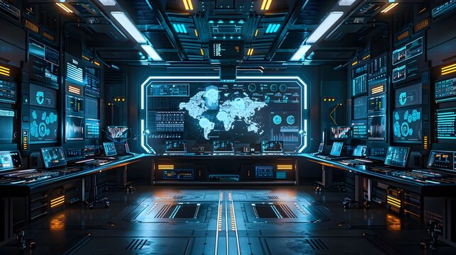 Futuristic Command Center with Holographic Screens and Touch Interfaces for High Tech Cyber