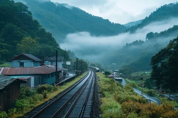 Train Tracks Through Foggy Mountains and Rural Houses