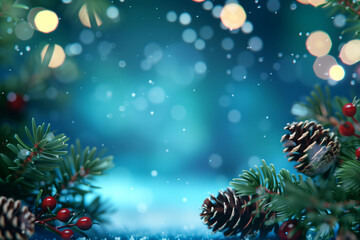 Backround with fir tree branch with cones and warm bokeh lights with copy space. Merry Christmas and Happy New Year. For greeting card, invitation, vertical banner, poster, phone wallpaper.