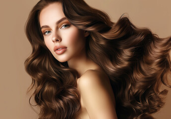 Obraz premium Glorious fashion woman with elegance makeup, long shiny curly hairstyle and healthy skin against brown studio wall background