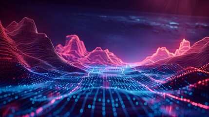 Futuristic Digital Landscape with Glowing Geometric Shapes and Wireframe Mountains