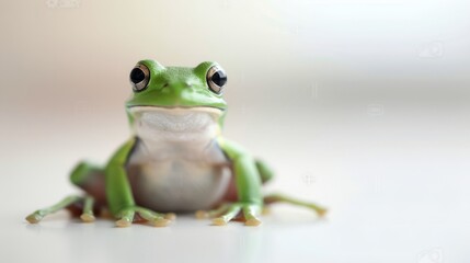 Obraz premium Green Frog Sitting Calmly on a Surface in Natural Light