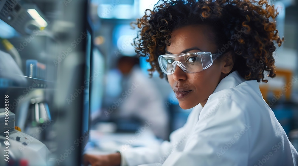 Poster A focused african american woman scientist working on a computer in a laboratory setting : Generative AI