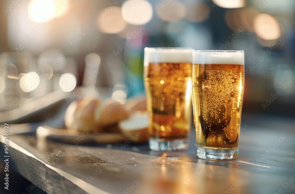 Poster two glasses of beer with fresh bread on a rustic table in a warm bar setting